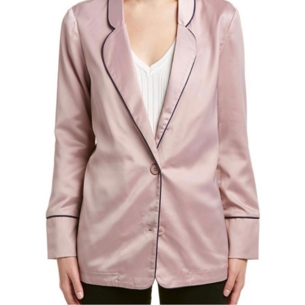 Pink Satin Blazer‎ Jacket with Navy Piping Unstructured Barbiecore Barbie Size S